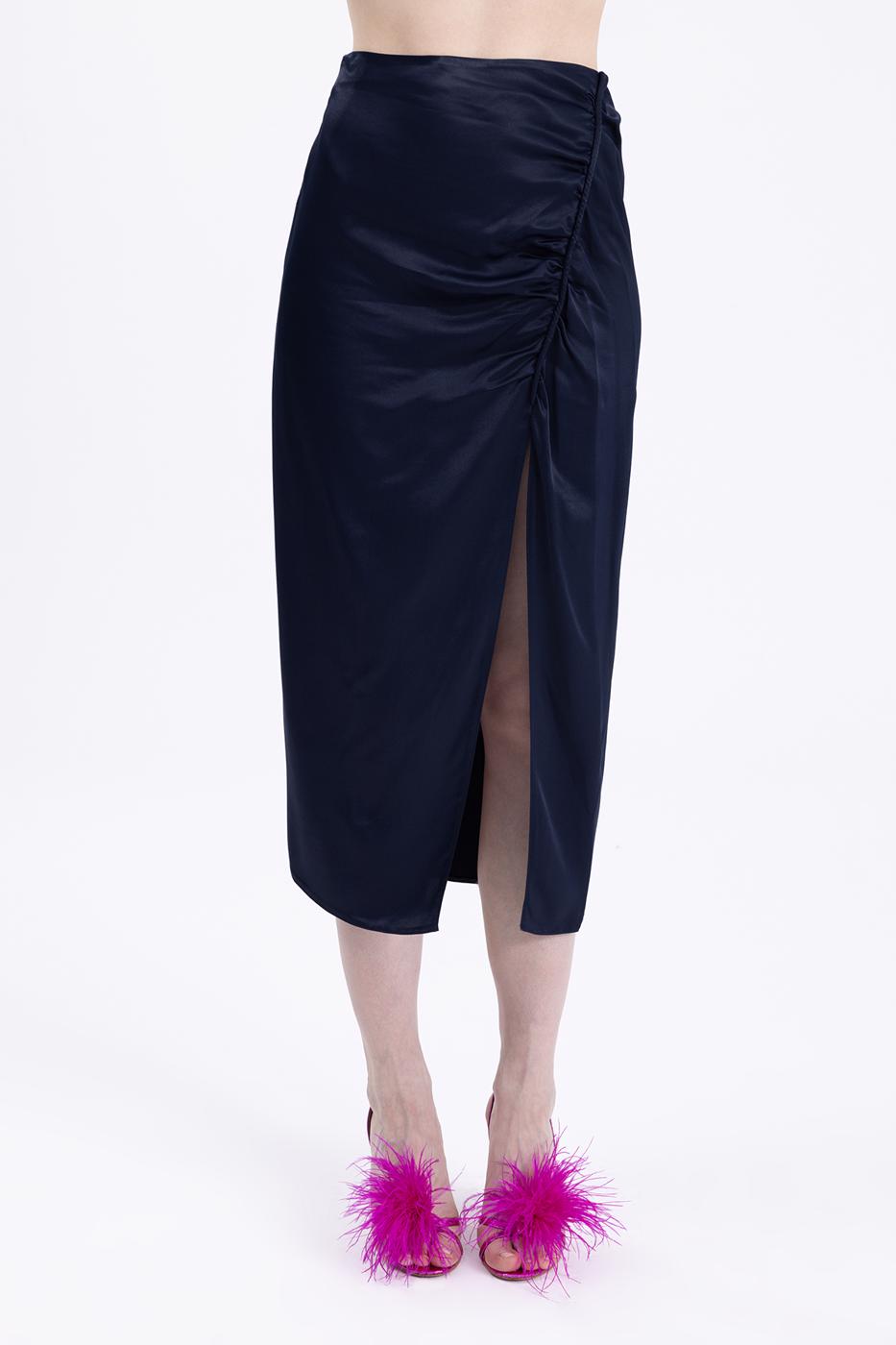 Bayan Lacivert Drapeli Yırtmaclı Saten Midi Etek