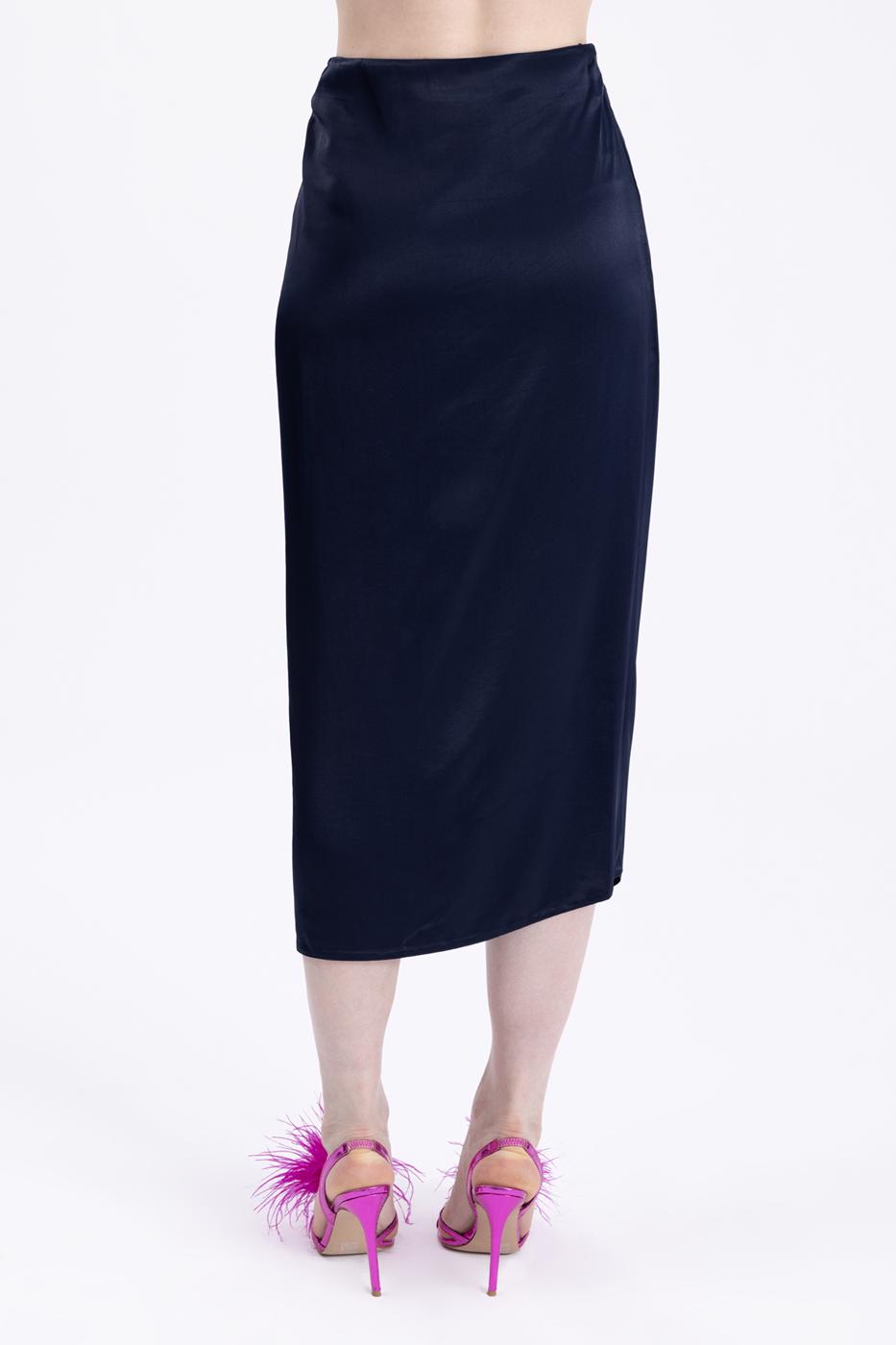 Bayan Lacivert Drapeli Yırtmaclı Saten Midi Etek