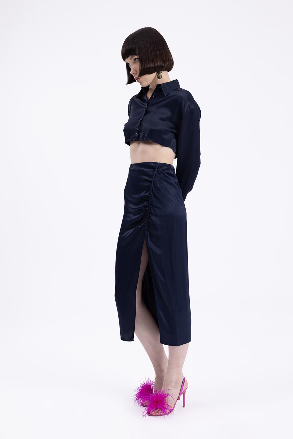 Bayan Lacivert Drapeli Yırtmaclı Saten Midi Etek