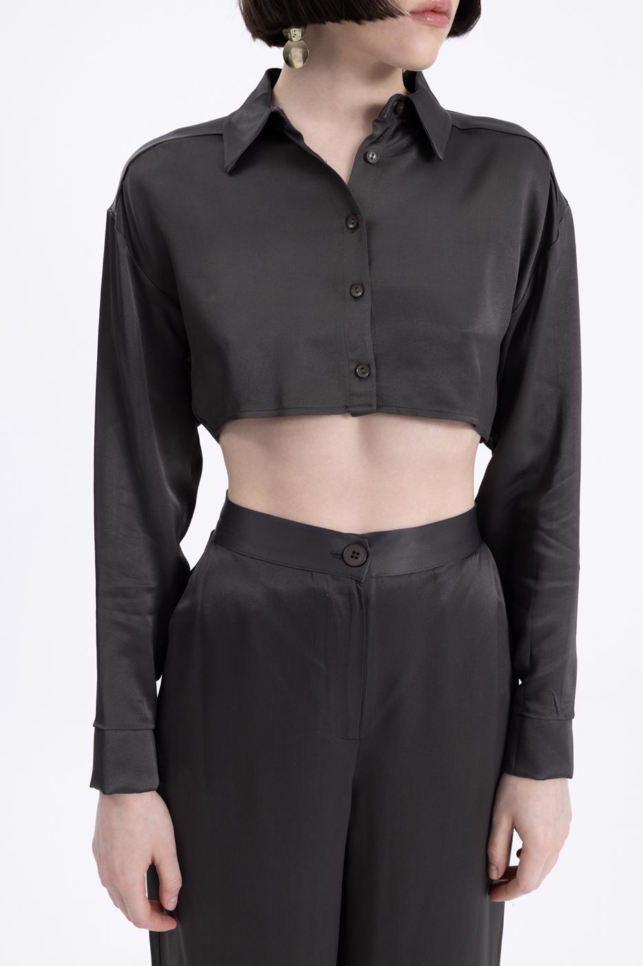 Bayan Kahverengi Crop Saten Gömlek