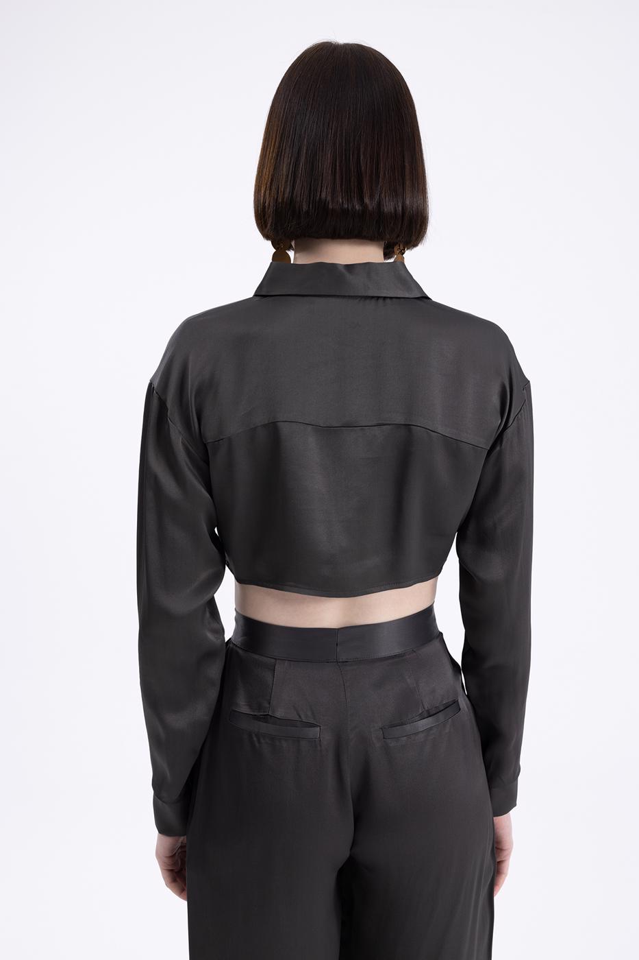 Bayan Kahverengi Crop Saten Gömlek