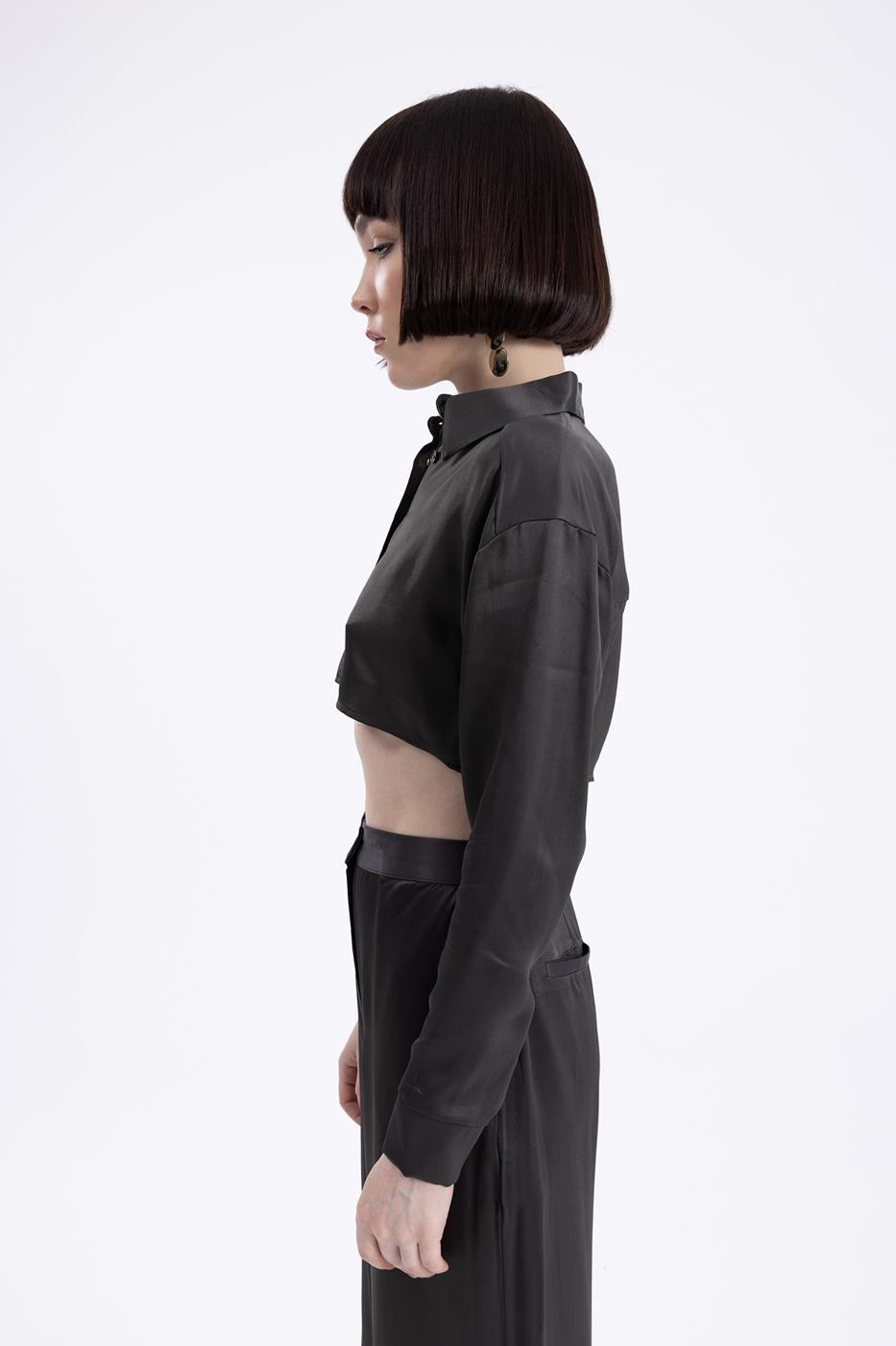 Bayan Kahverengi Crop Saten Gömlek