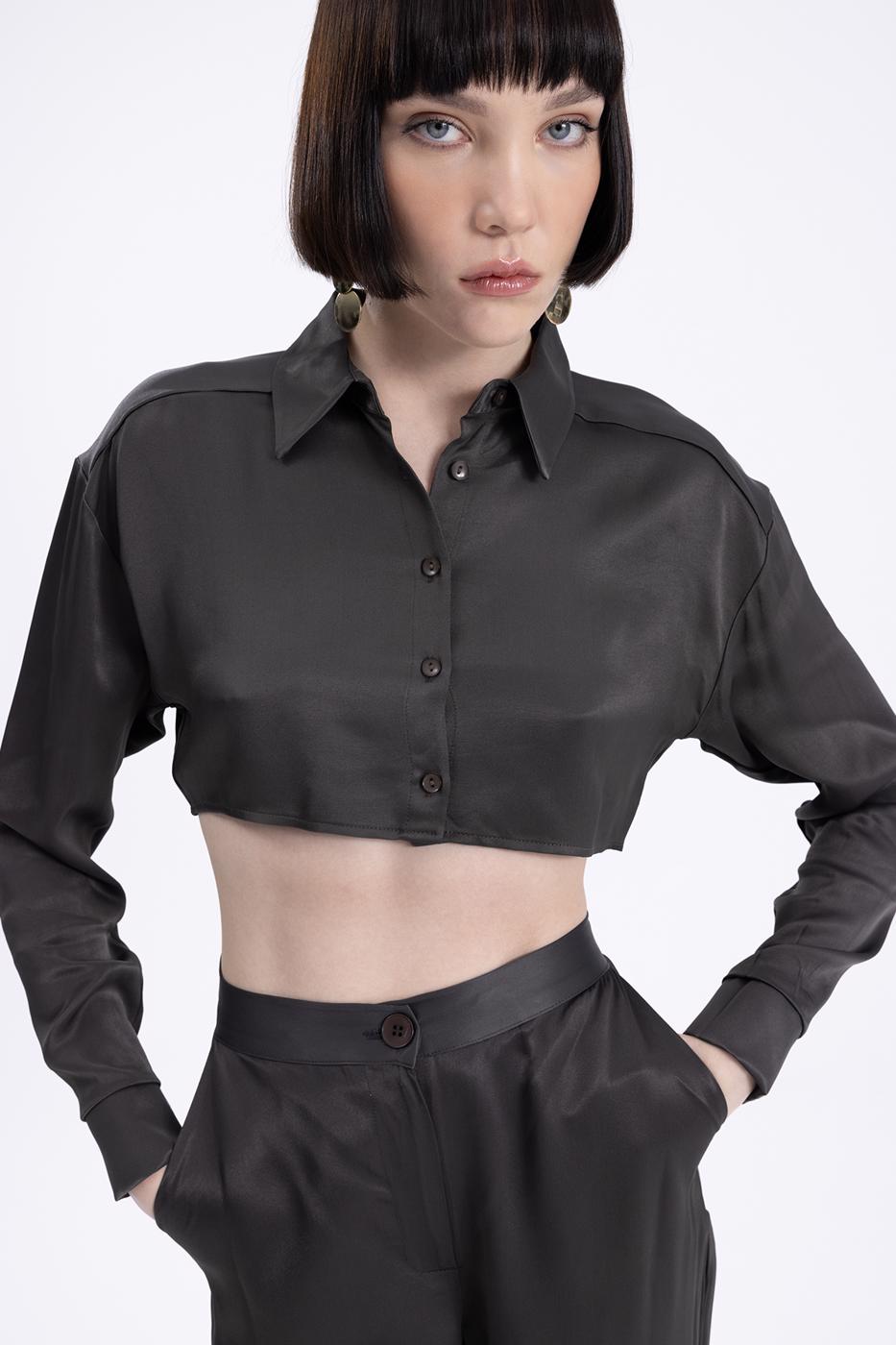 Bayan Kahverengi Crop Saten Gömlek