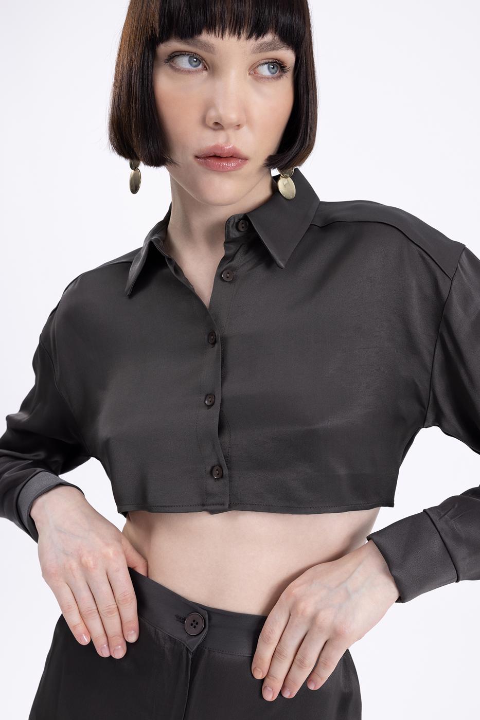 Bayan Kahverengi Crop Saten Gömlek