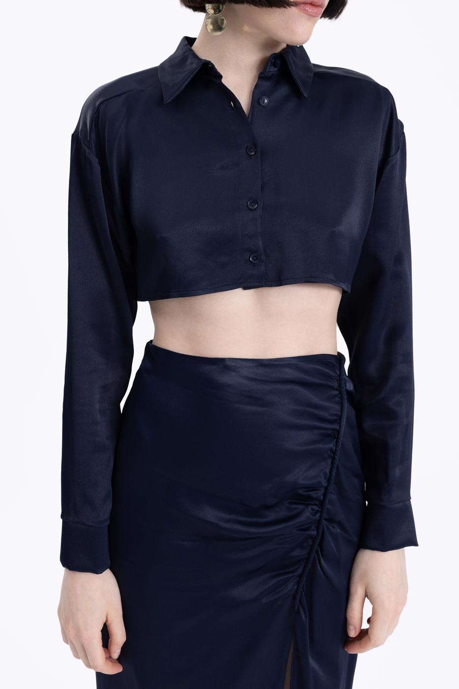 Bayan Lacivert Crop Saten Gömlek
