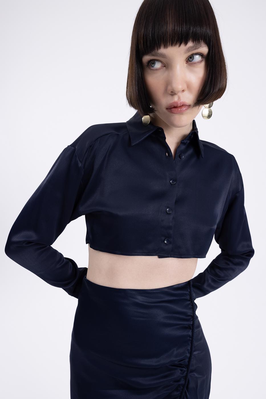Bayan Lacivert Crop Saten Gömlek