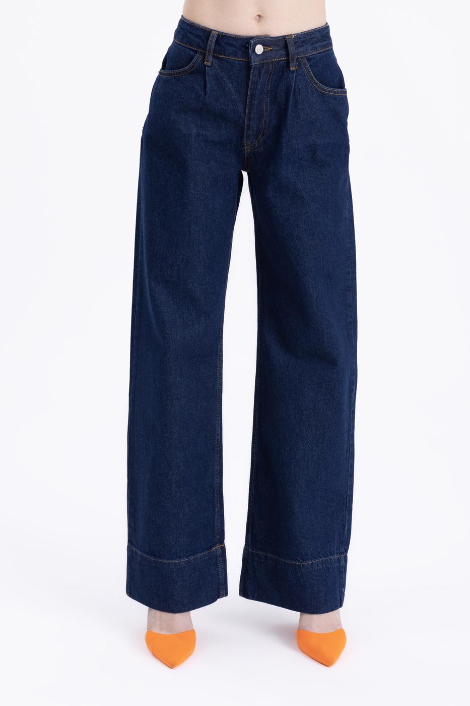 Bayan Lacivert Pileli  Düz Kesim Pantolon