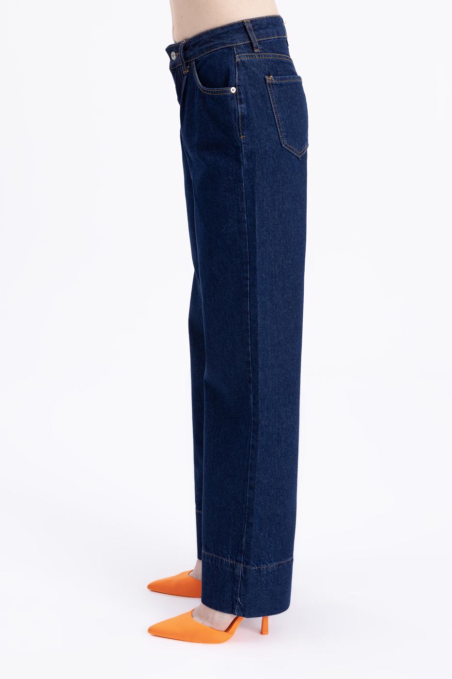 Bayan Lacivert Pileli  Düz Kesim Pantolon