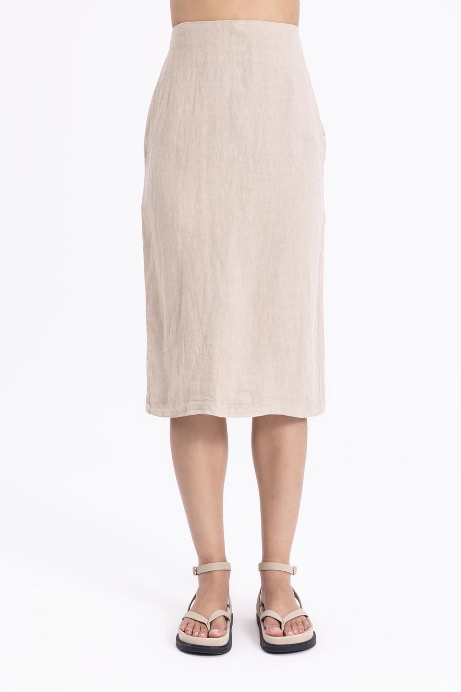 Bayan Bej Bağlama Detaylı Keten Dar Midi Etek