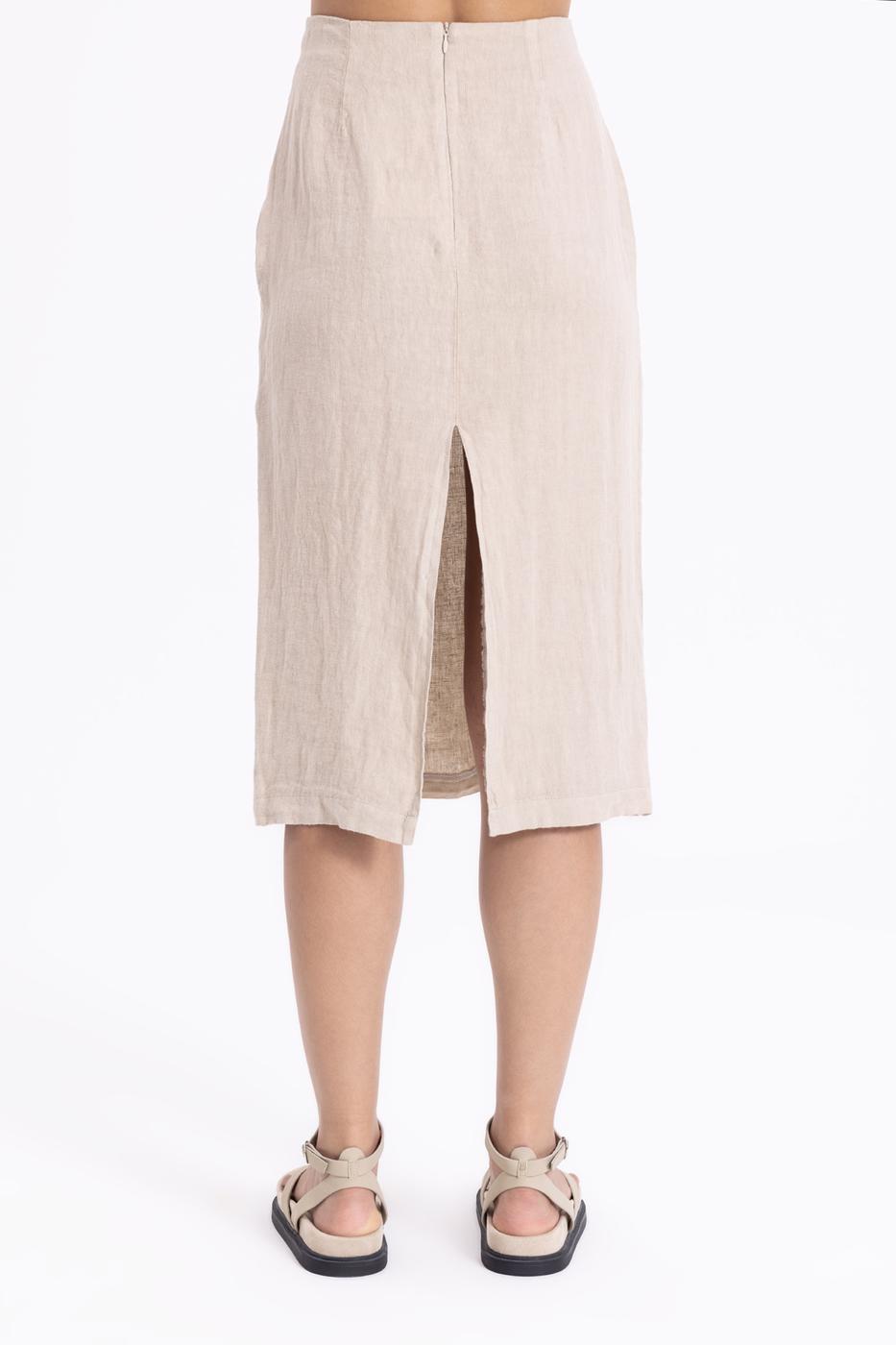 Bayan Bej Bağlama Detaylı Keten Dar Midi Etek