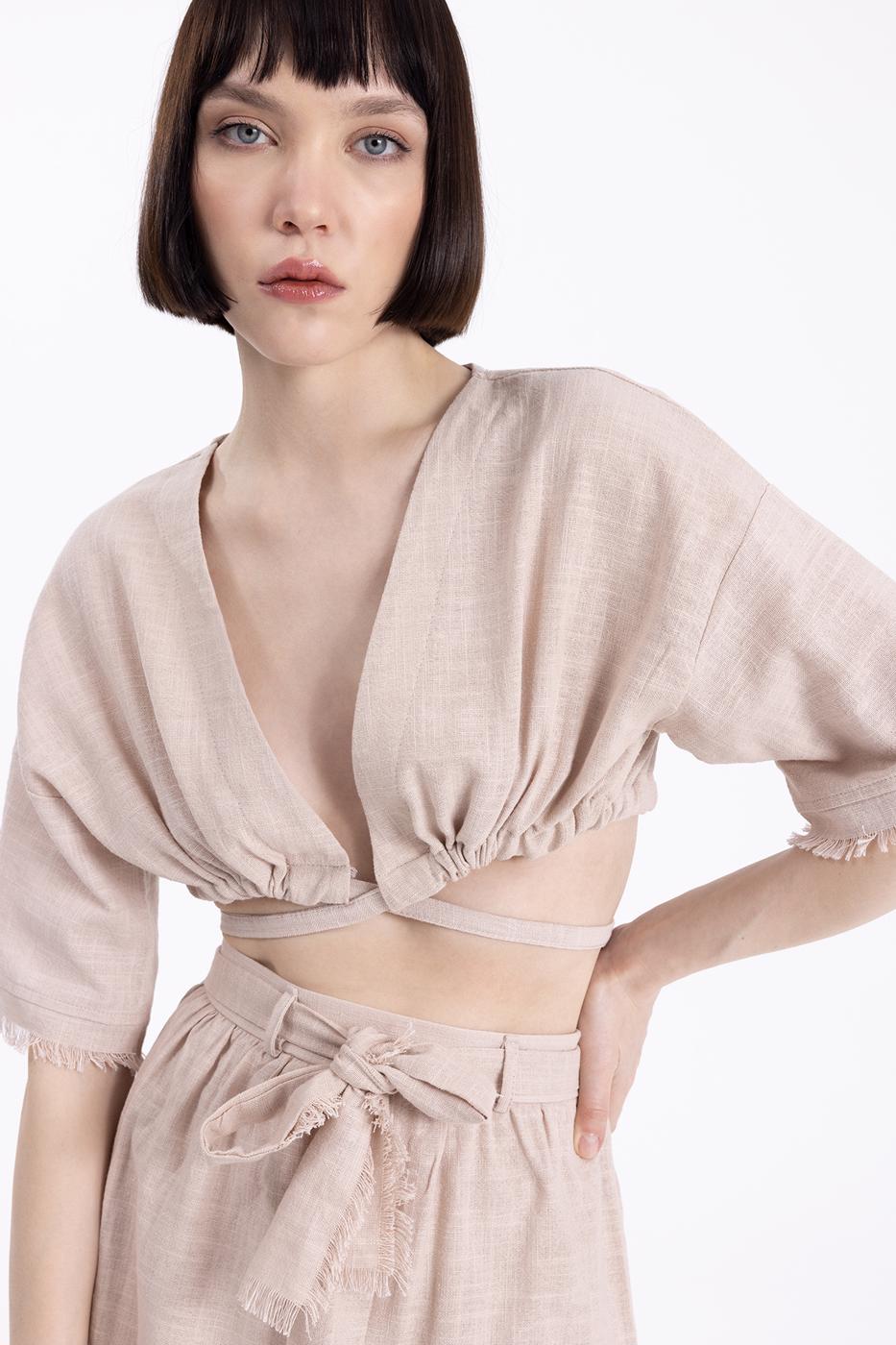 Bayan Bej Kruvaze Bağlamalı Crop Bluz