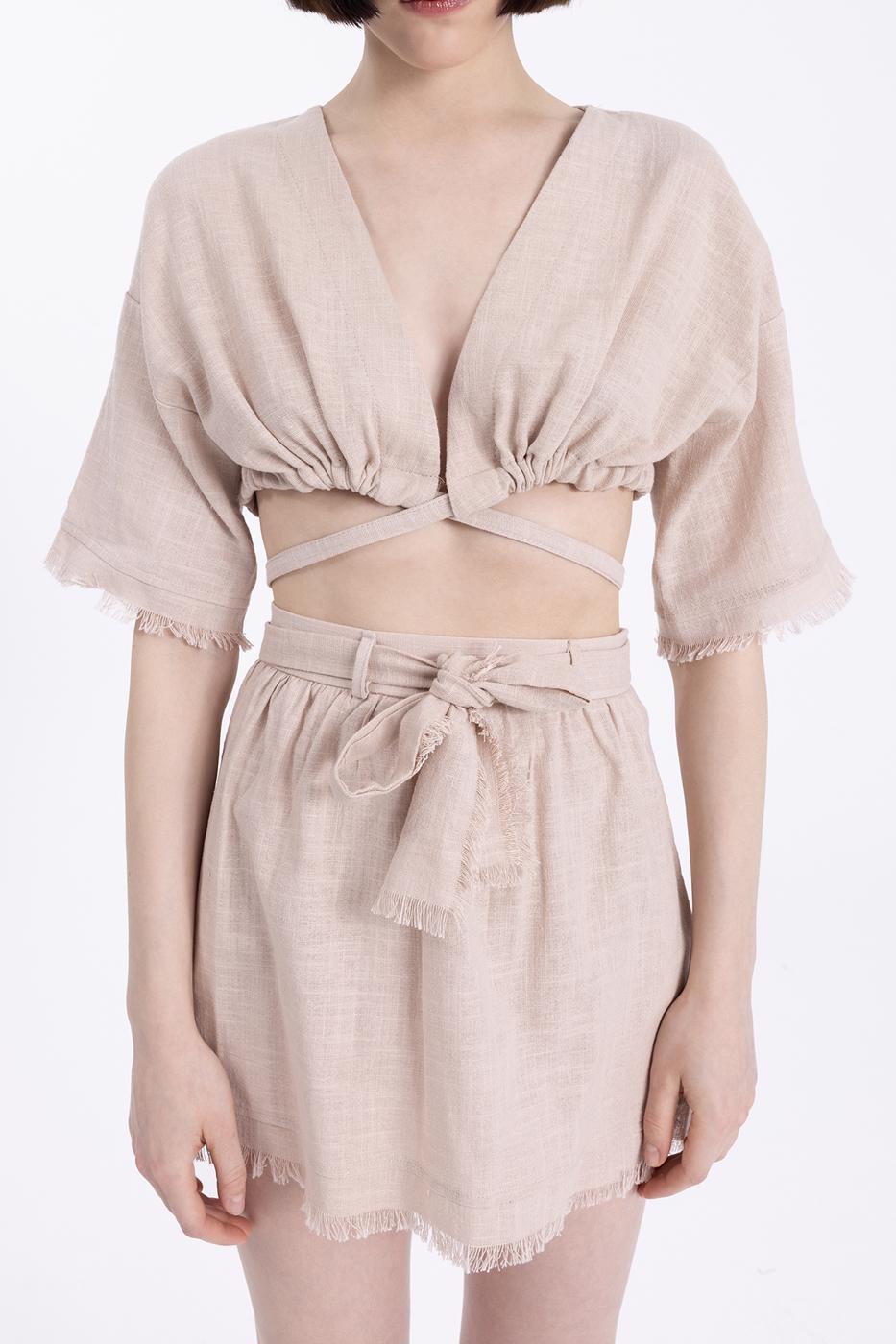 Bayan Bej Kruvaze Bağlamalı Crop Bluz