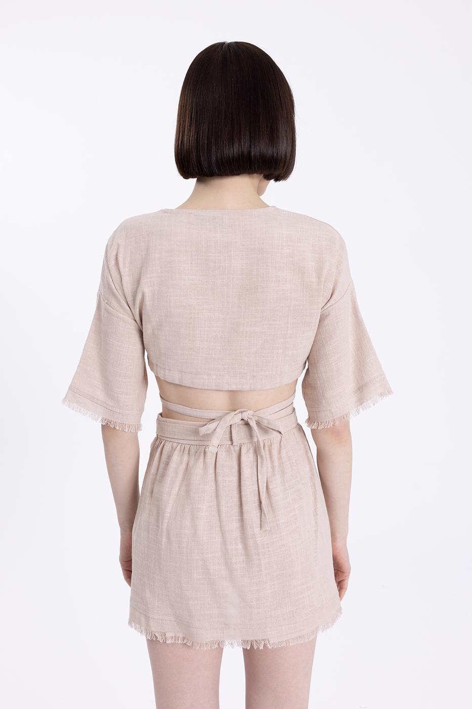 Bayan Bej Kruvaze Bağlamalı Crop Bluz