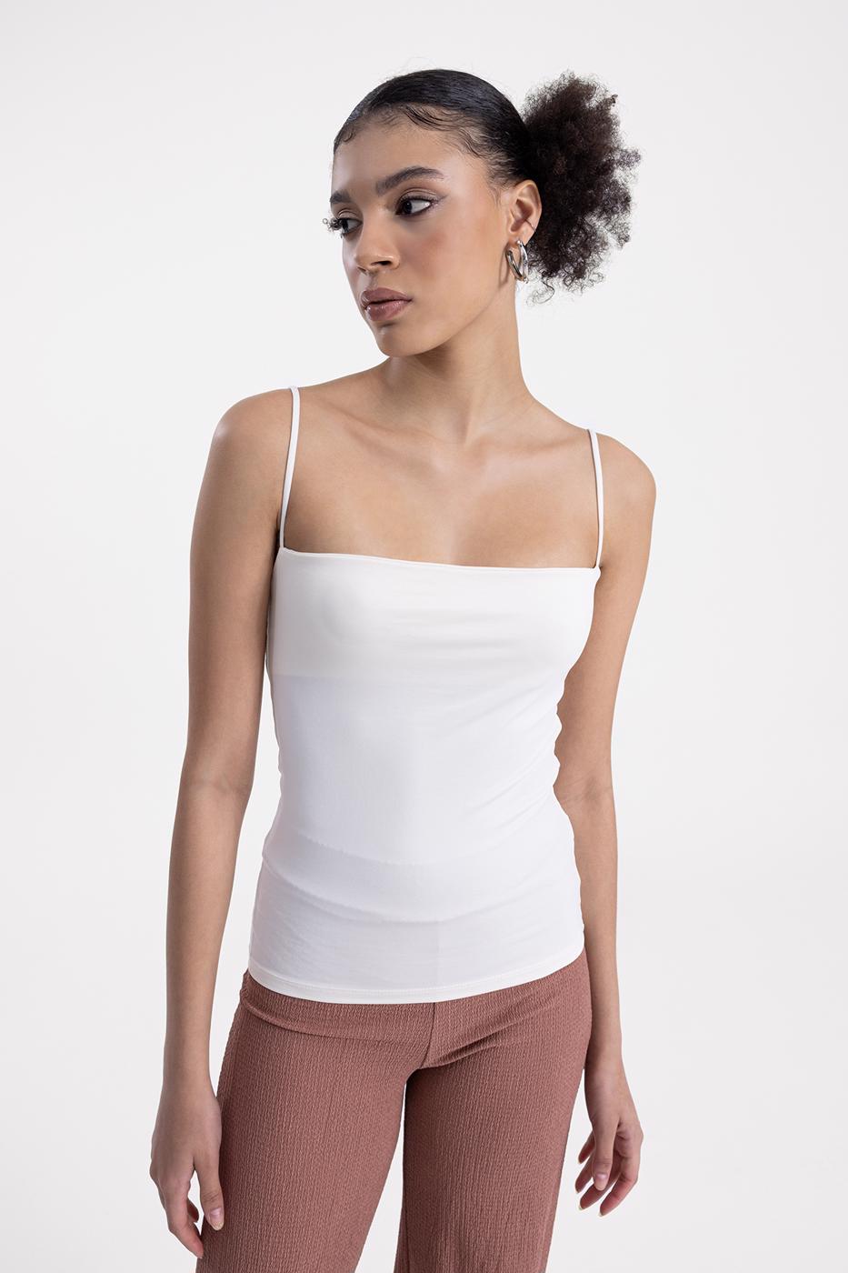 Bayan Ekru İnce Askılı Streç Top