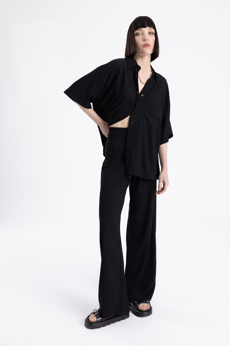 Bayan Siyah Düz  Kesim Bol Pantolon