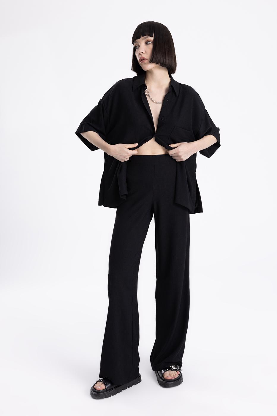 Bayan Siyah Düz  Kesim Bol Pantolon