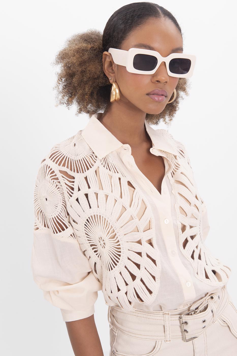 Bayan Bej Örgü Drtaylı Gömlek