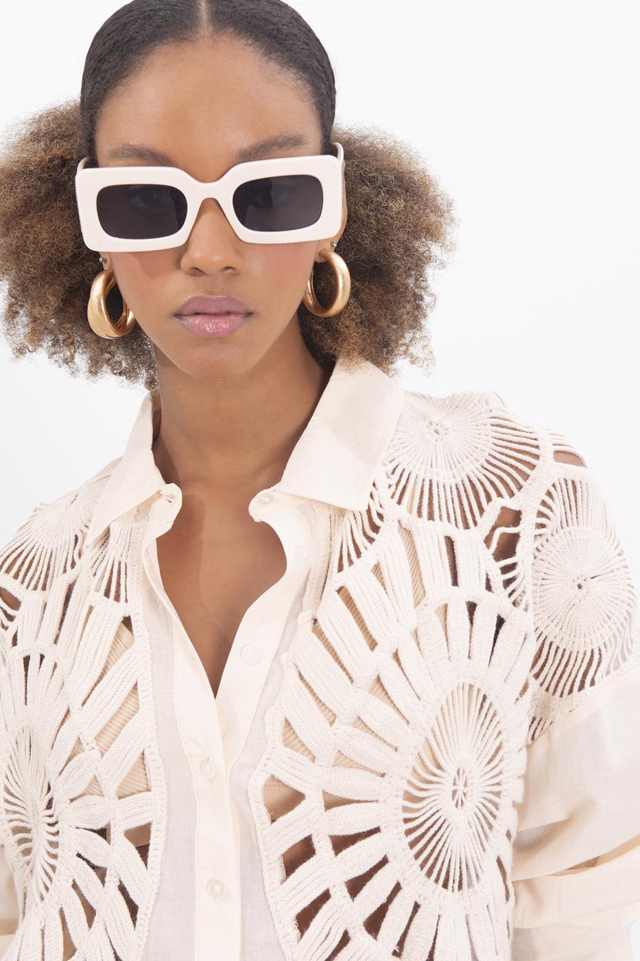 Bayan Bej Örgü Drtaylı Gömlek