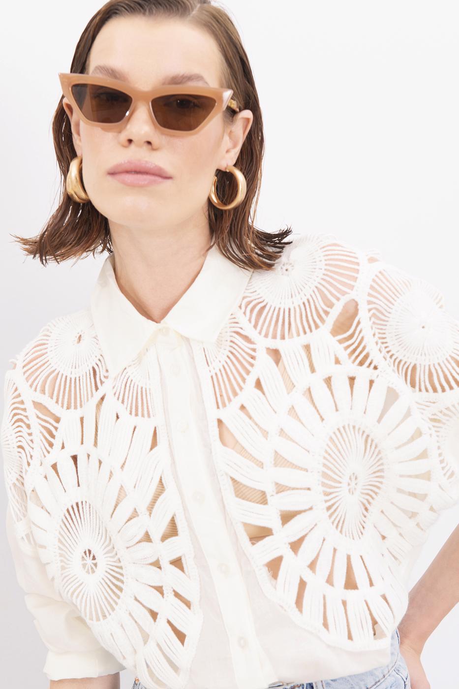 Bayan Beyaz Örgü Drtaylı Gömlek