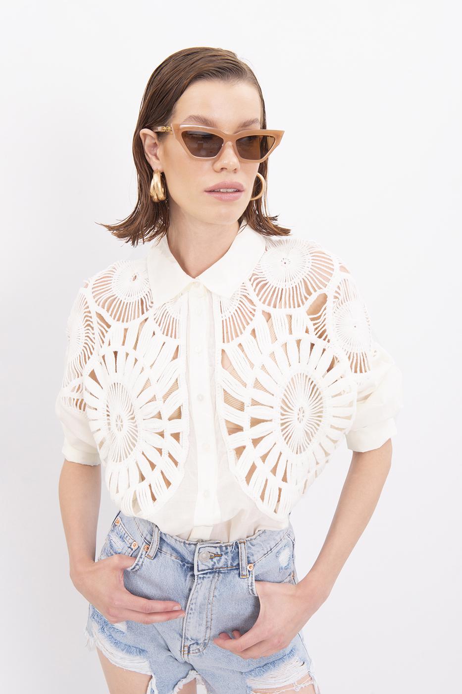 Bayan Beyaz Örgü Drtaylı Gömlek