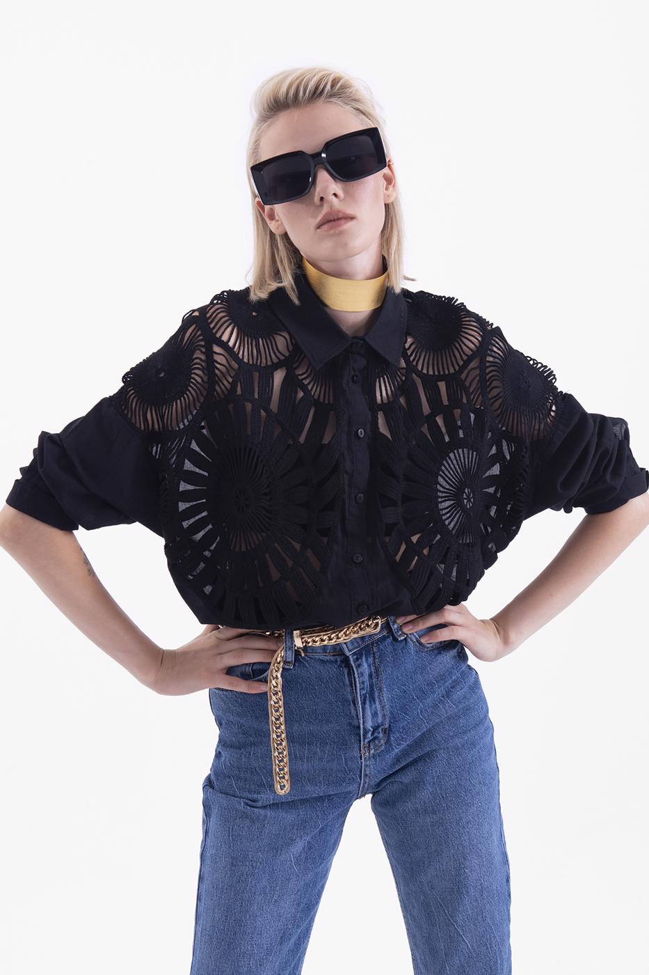 Bayan Siyah Örgü Drtaylı Gömlek