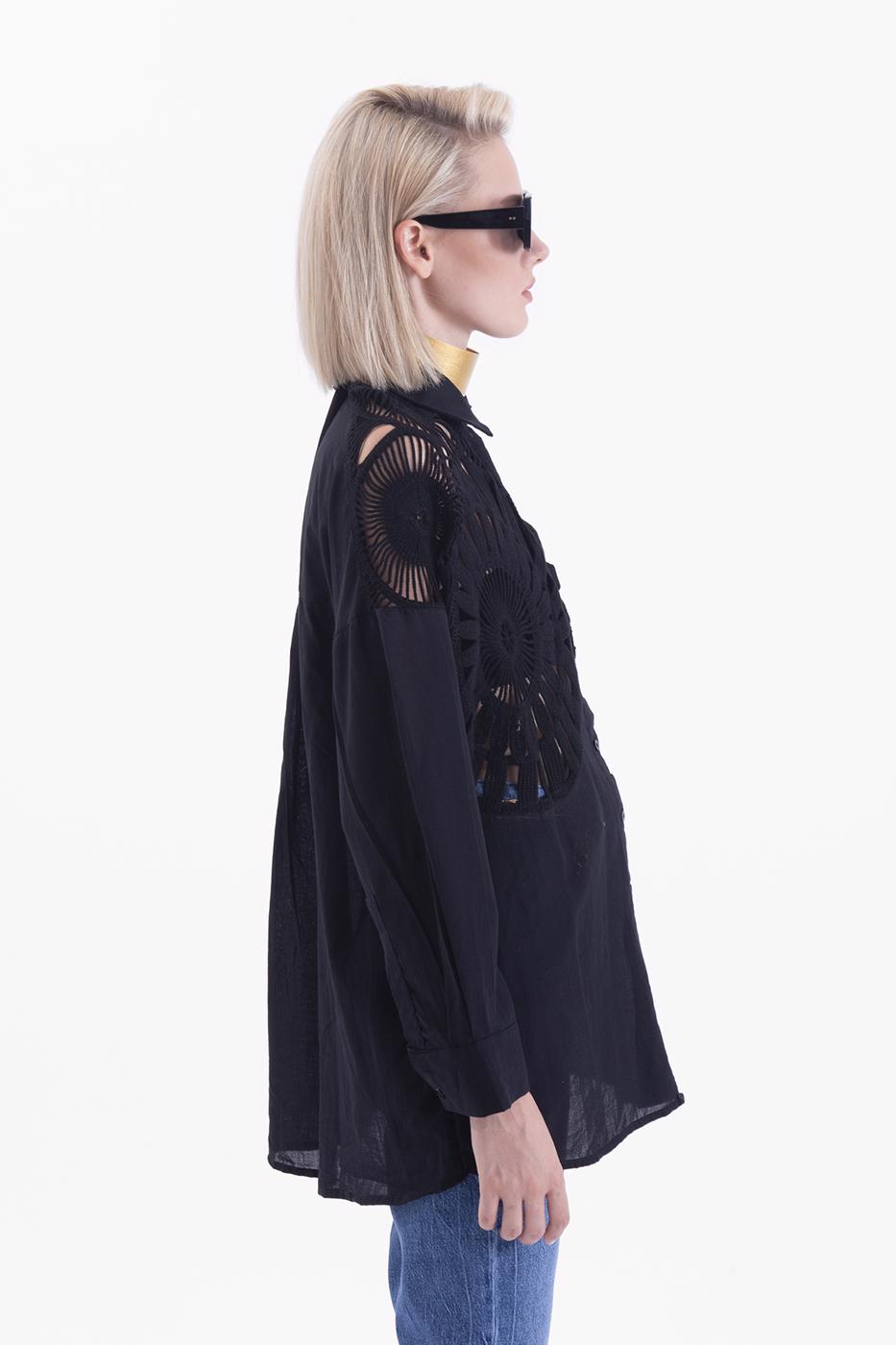 Bayan Siyah Örgü Drtaylı Gömlek