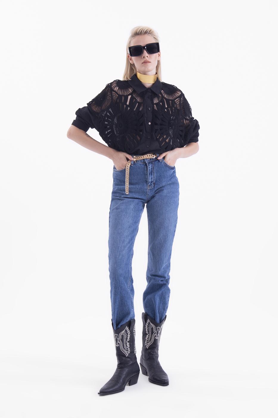 Bayan Siyah Örgü Drtaylı Gömlek