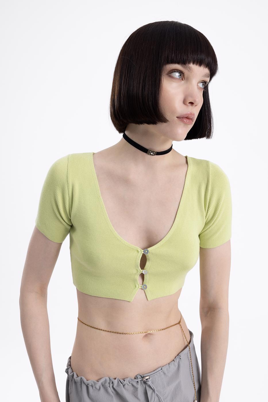 Bayan Yeşil Crop Örgü Hırka