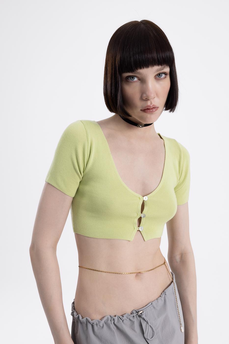 Bayan Yeşil Crop Örgü Hırka
