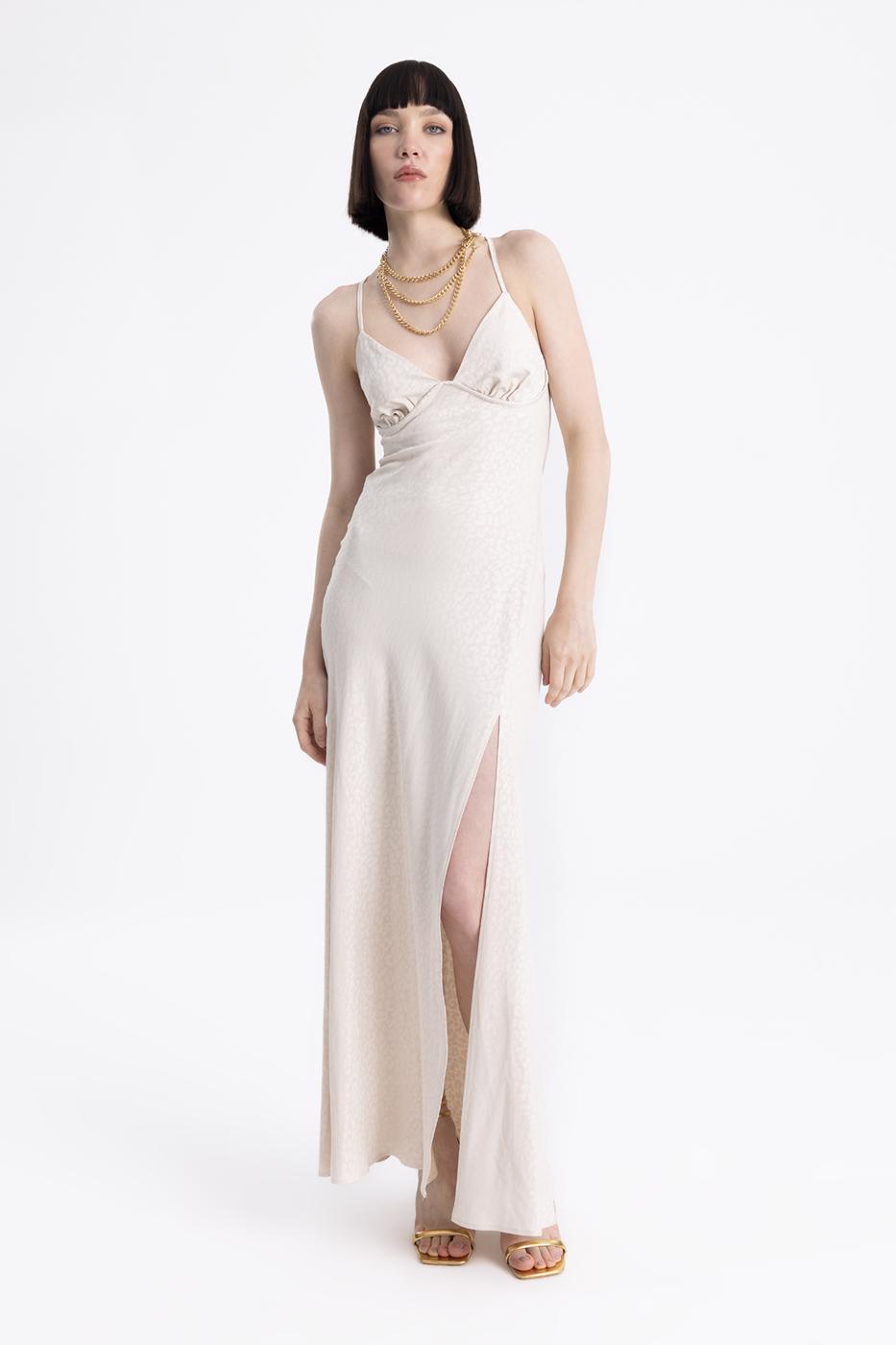Bayan Krem Sırtta Degaje Detaylı Askılı Saten Elbise