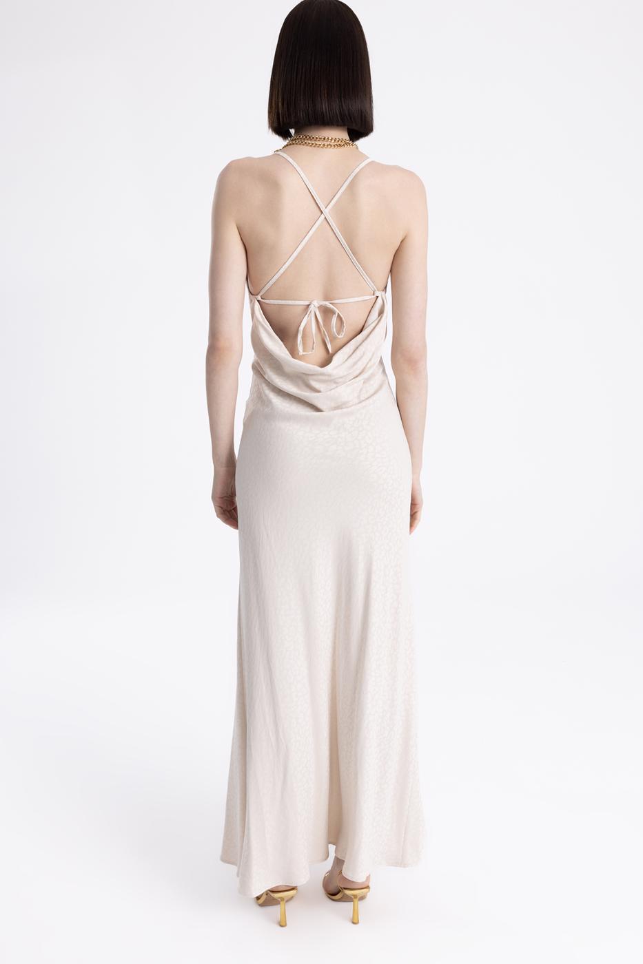 Bayan Krem Sırtta Degaje Detaylı Askılı Saten Elbise