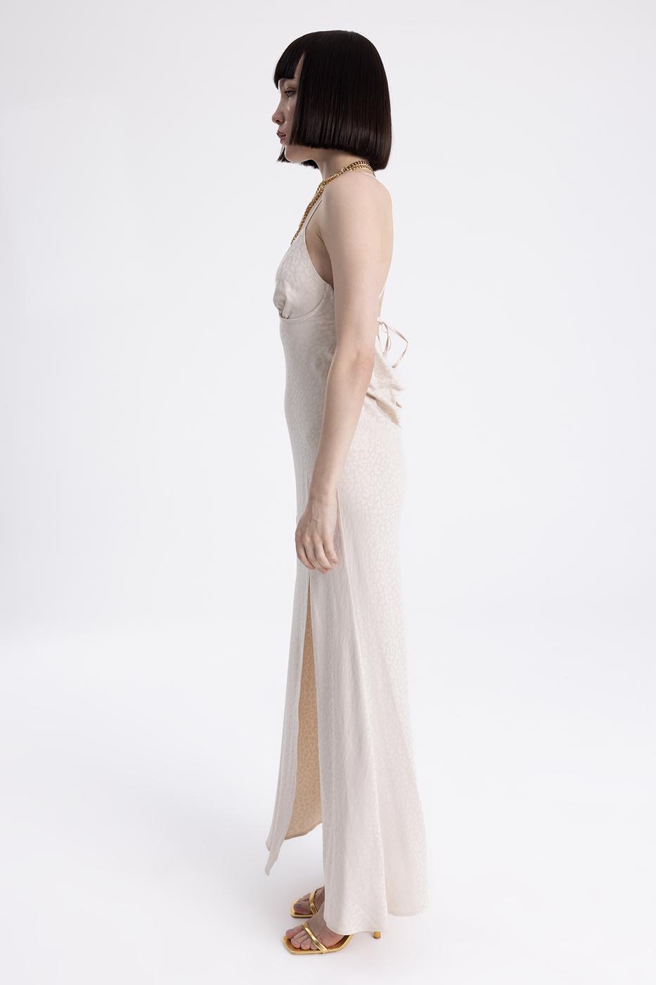 Bayan Krem Sırtta Degaje Detaylı Askılı Saten Elbise