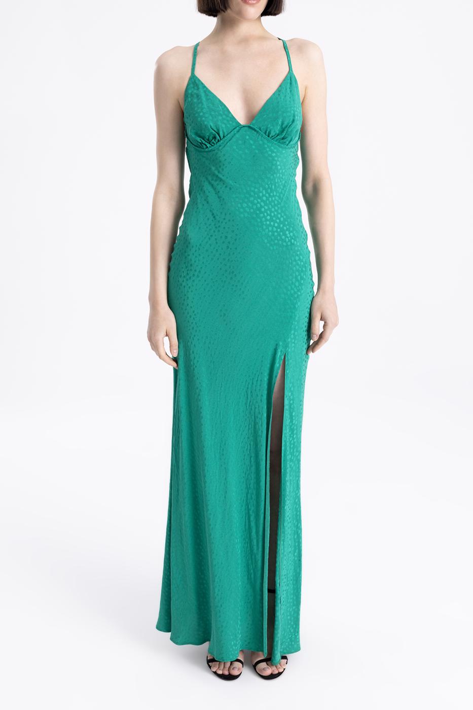 Bayan Yeşil Sırtta Degaje Detaylı Askılı Saten Elbise