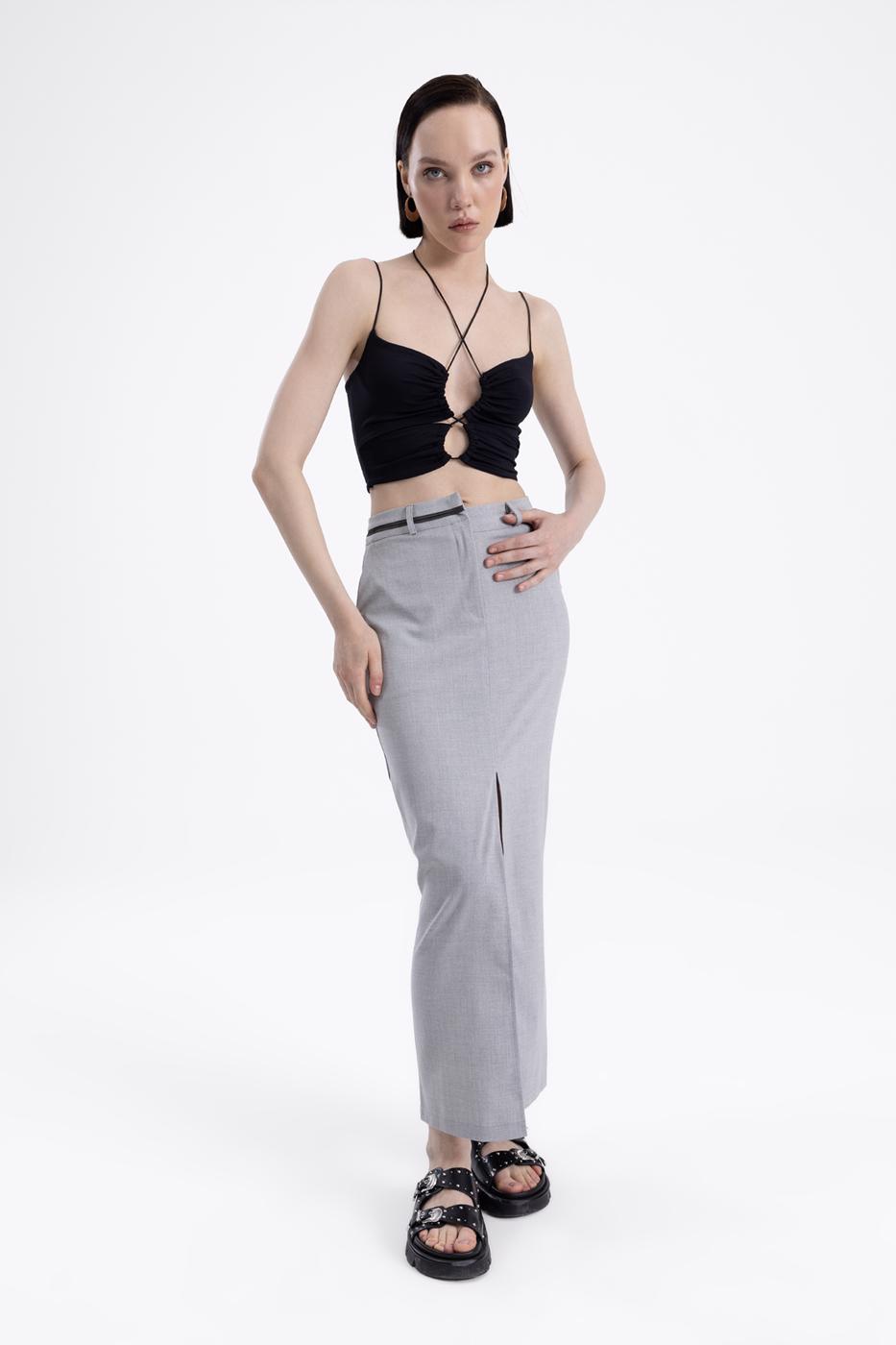 Bayan Gri Asimetrik  Kemer Detaylı Dar Maksi Etek