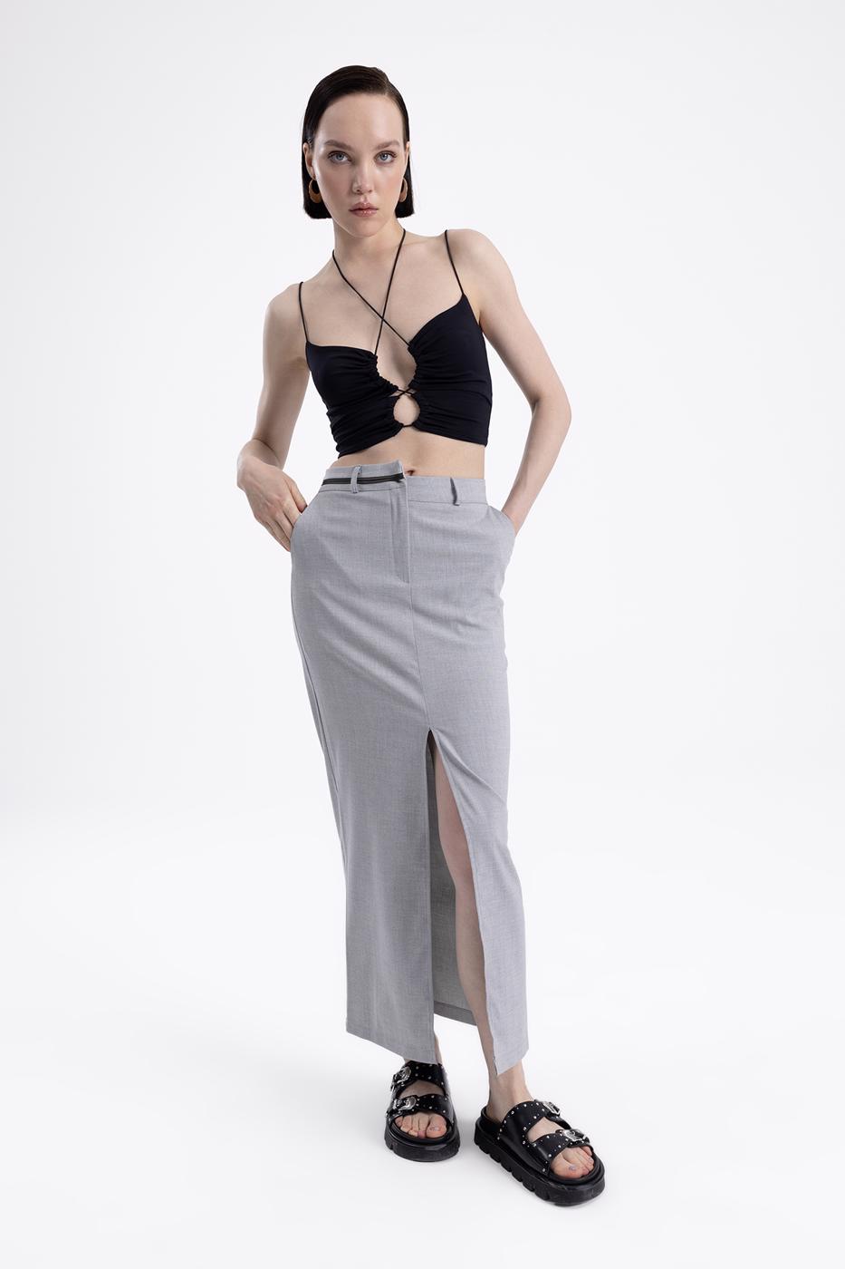 Bayan Gri Asimetrik  Kemer Detaylı Dar Maksi Etek