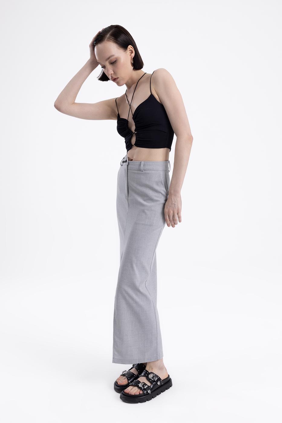 Bayan Gri Asimetrik  Kemer Detaylı Dar Maksi Etek