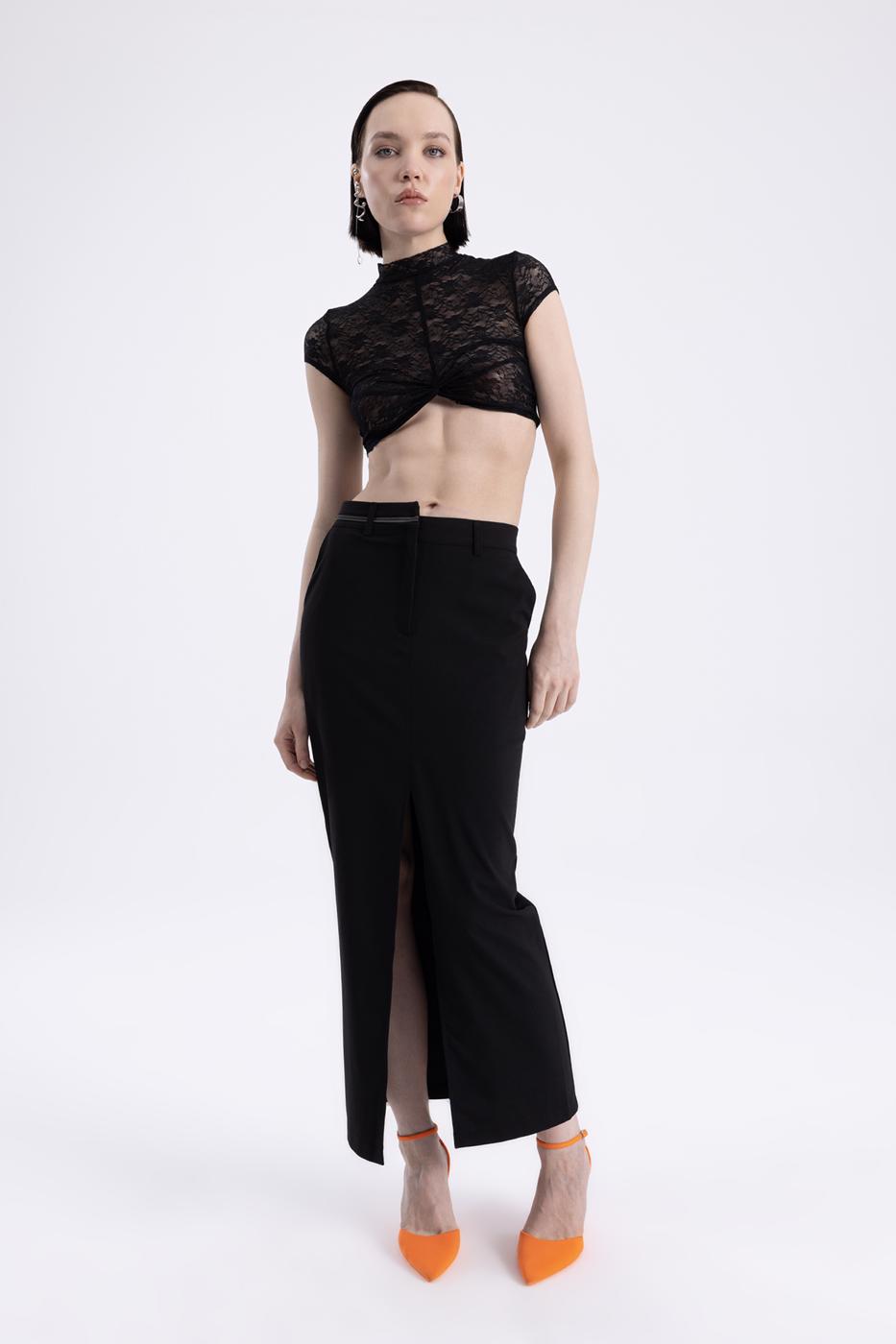 Bayan Siyah Asimetrik  Kemer Detaylı Dar Maksi Etek