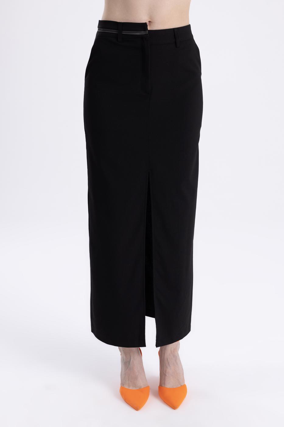 Bayan Siyah Asimetrik  Kemer Detaylı Dar Maksi Etek