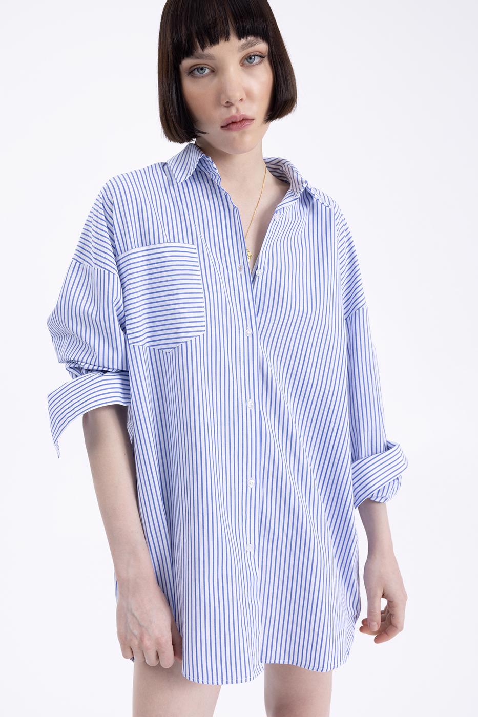 Bayan Mavi Mini Gömlek Elbise