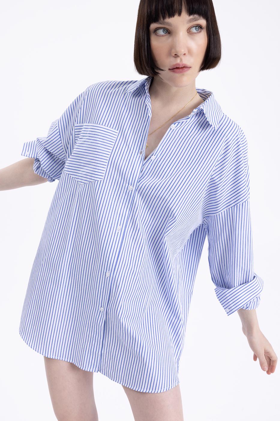 Bayan Mavi Mini Gömlek Elbise