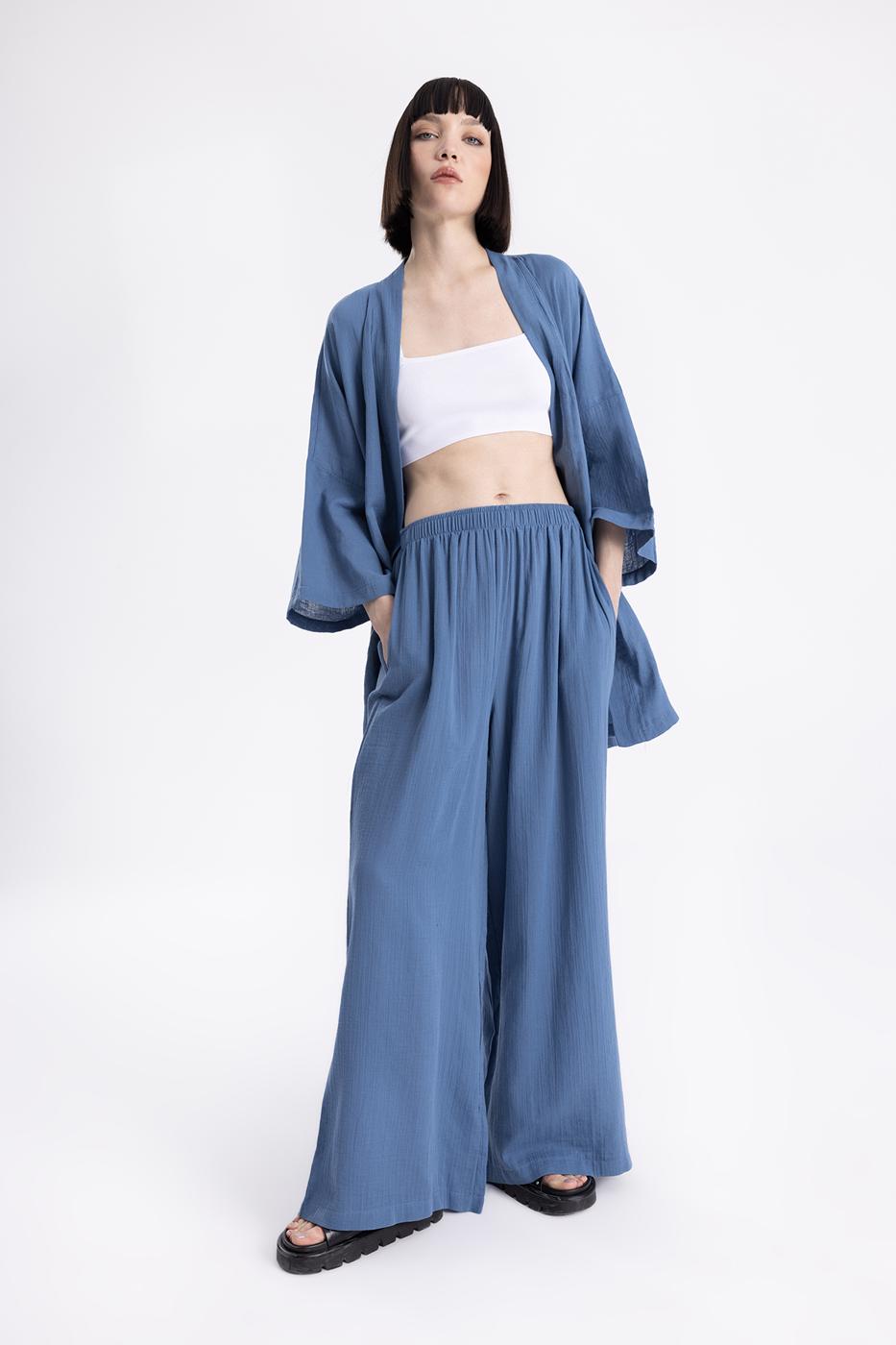 Bayan İndigo Bel Lastikli Bol  Paça Pantolon