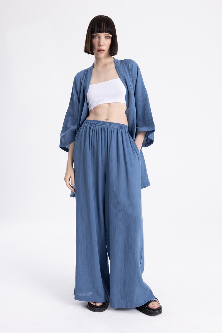 Bayan İndigo Bel Lastikli Bol  Paça Pantolon