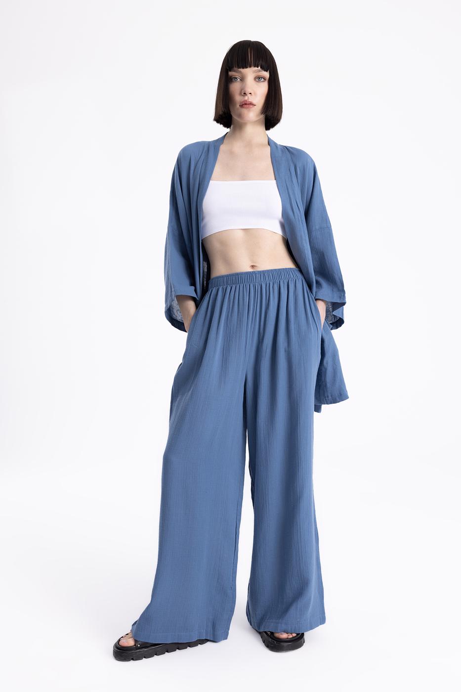 Bayan İndigo Bel Lastikli Bol  Paça Pantolon