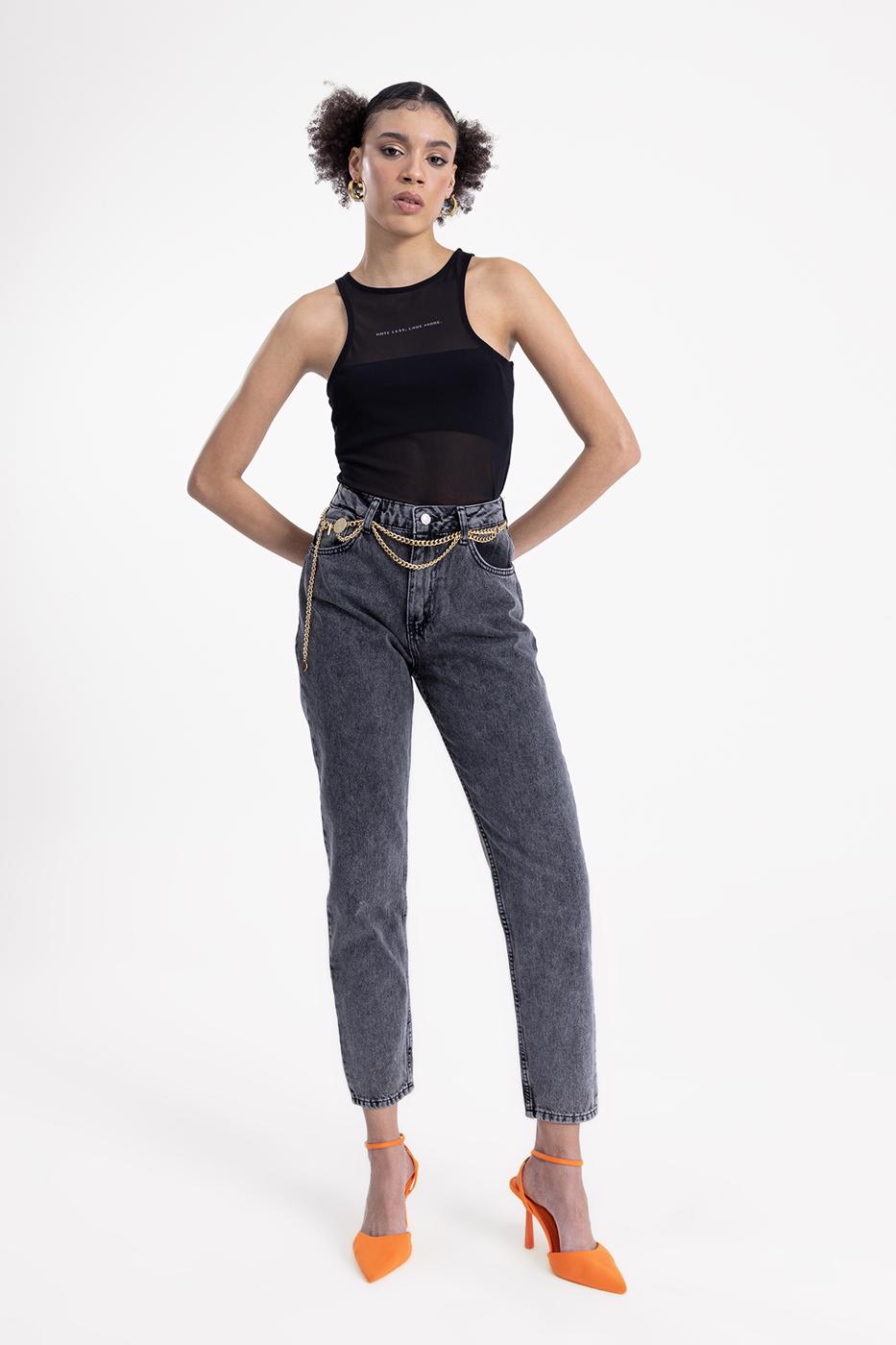 Bayan Antrasit Mom Fit Denim Pantolon