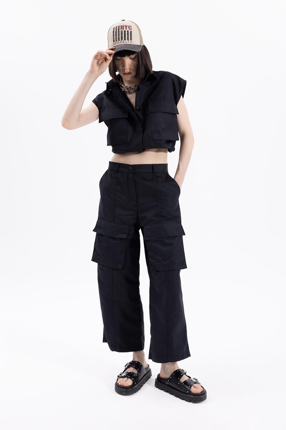 Bayan Siyah Kargo Cep Pantolon