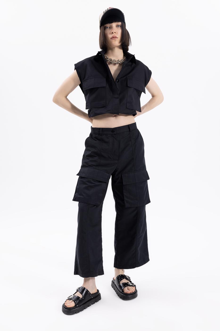 Bayan Siyah Kargo Cep Pantolon