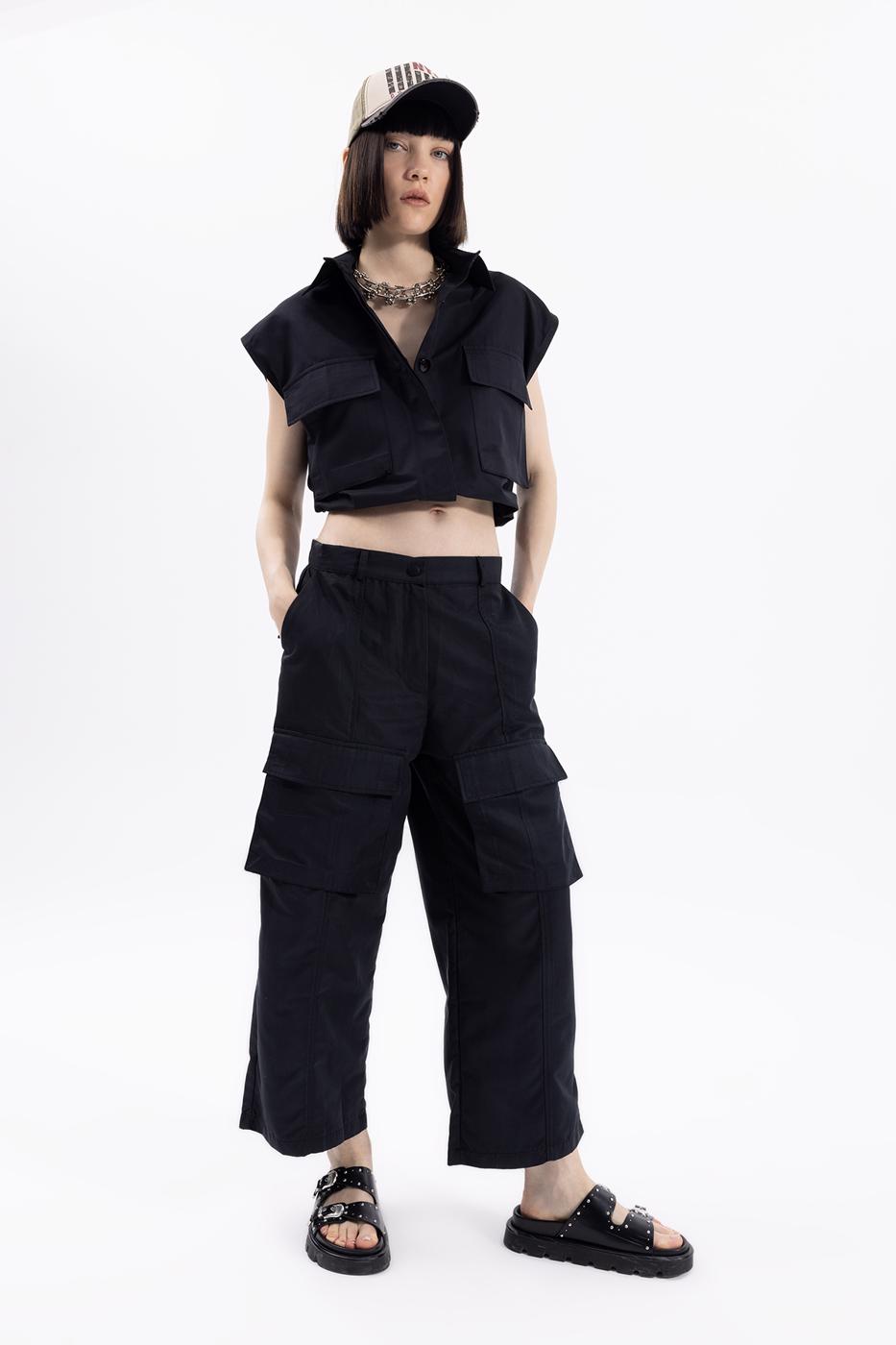 Bayan Siyah Kargo Cep Pantolon