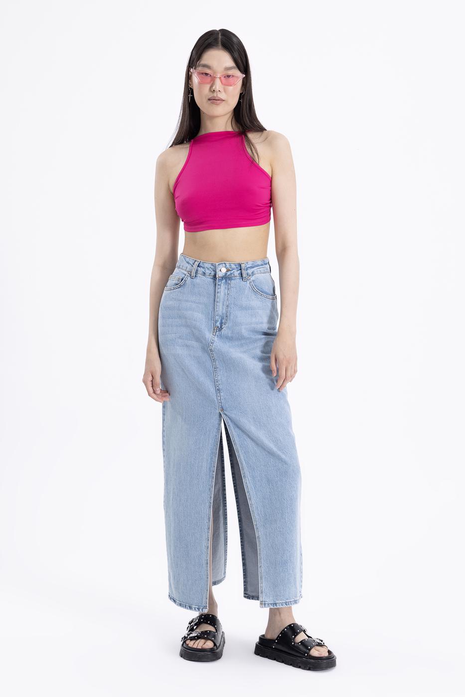 Bayan Mavi Yırtmaclı Maksi Denim Etek