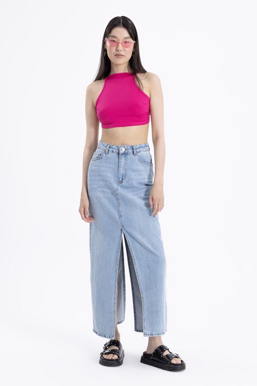 Bayan Mavi Yırtmaclı Maksi Denim Etek - BSL