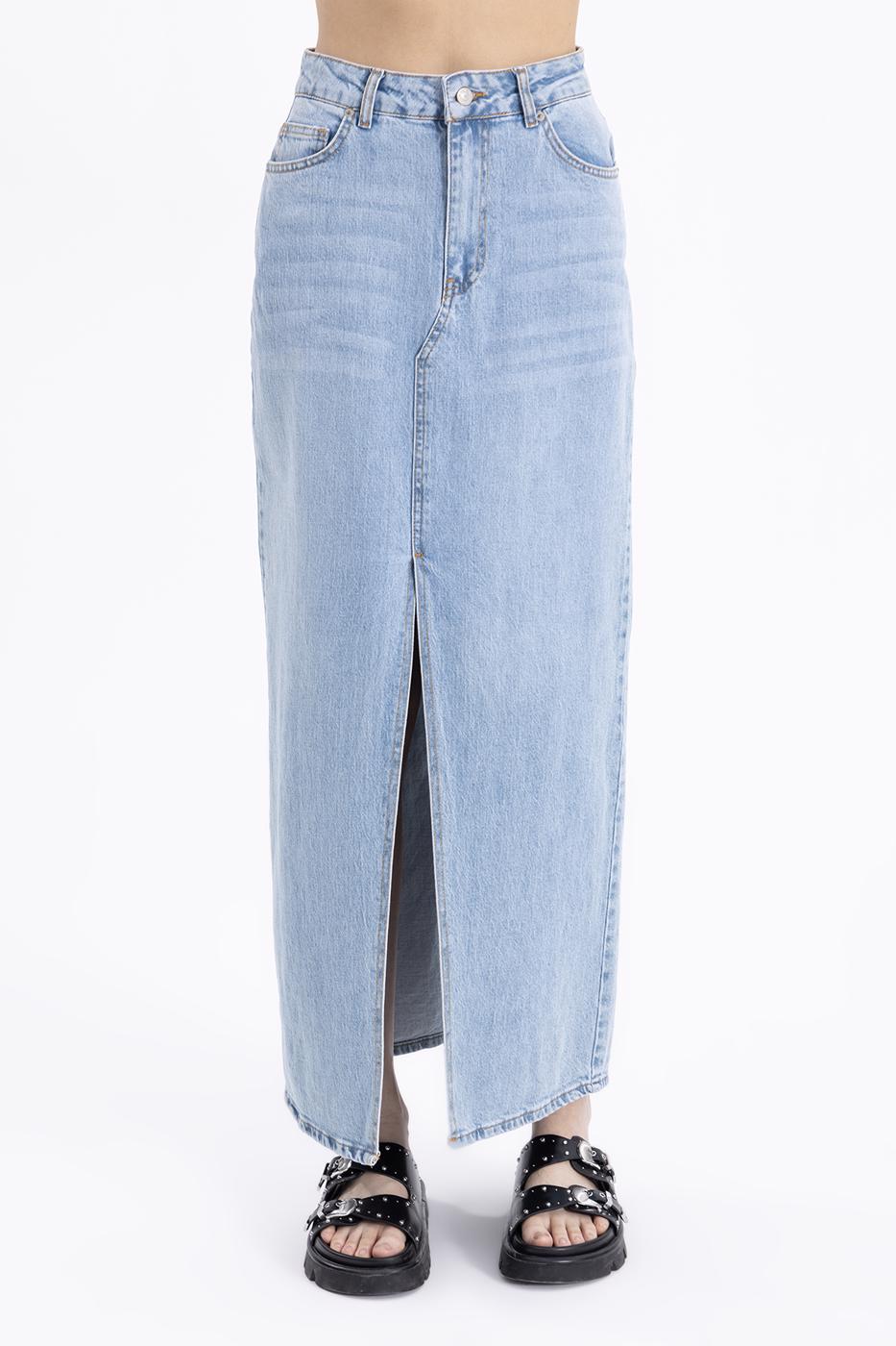 Bayan Mavi Yırtmaclı Maksi Denim Etek